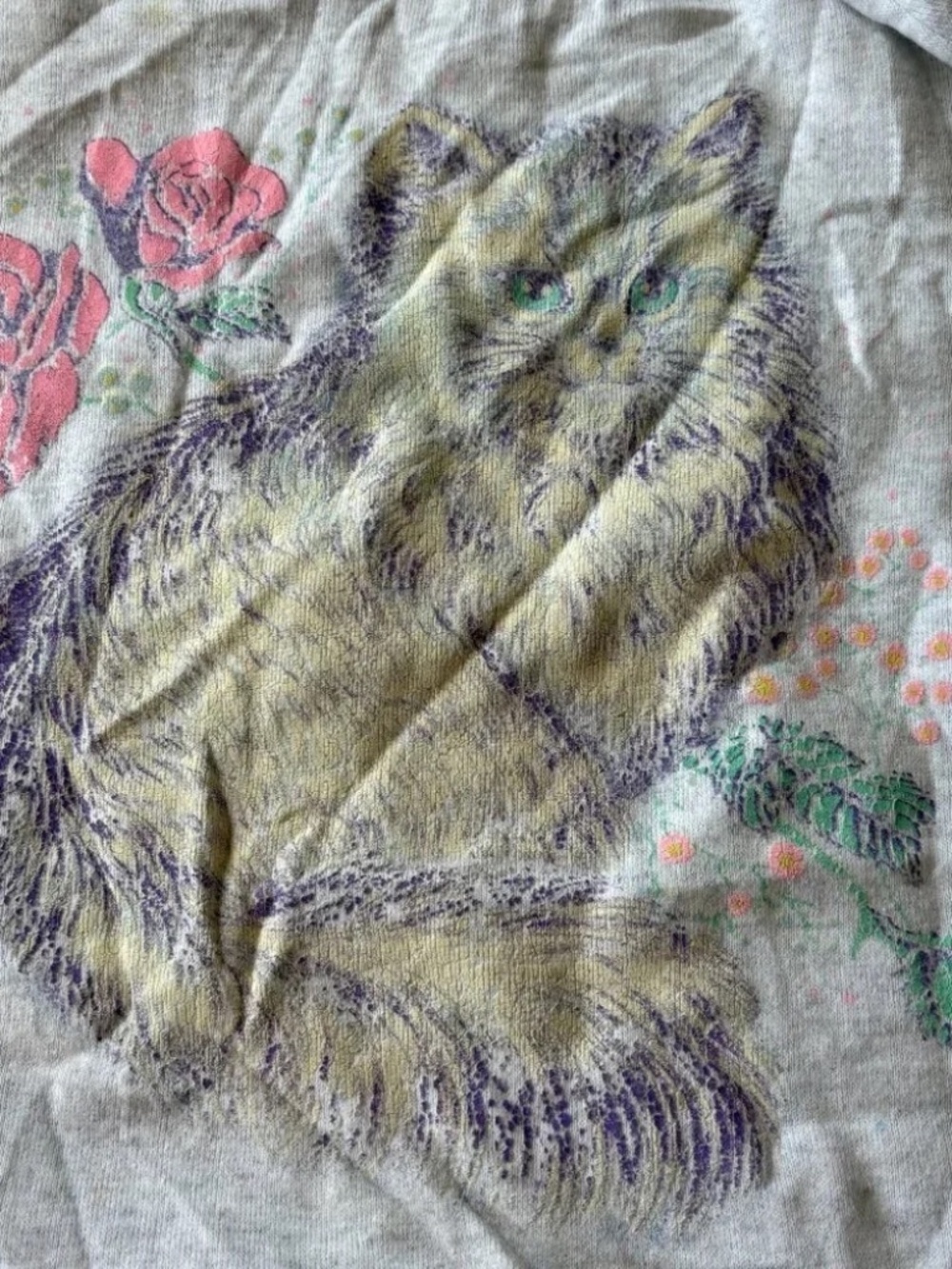 Vintage Cat Sweatshirt Gray Floral Kitten Graphic Grandmacore Cozy Y2K Coquette - Picture 7 of 9